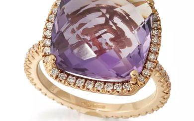 An amethyst and diamond cluster ring, the cushion shaped chequer...