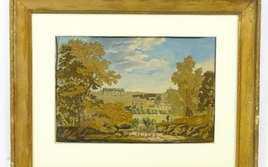 An early 19thC stumpwork / needlework embroidery depicting a landscape with a gentleman and lady