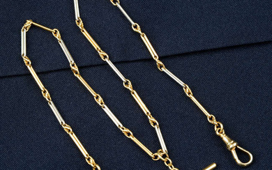An early 20th century 18ct gold and platinum Albert chain, with T-bar and clasps.