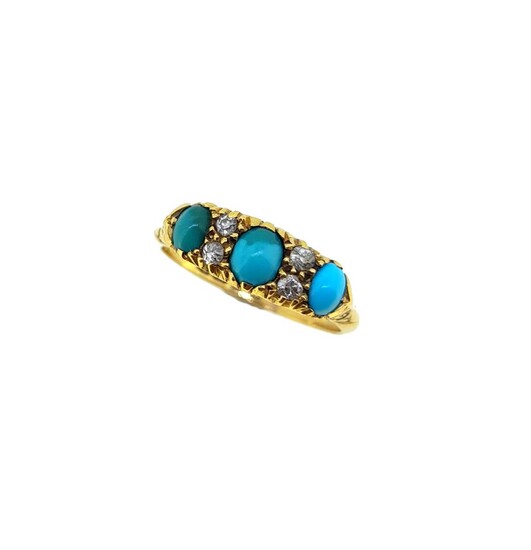 An early 20th century 18ct gold turquoise and diamond carved half hoop ring