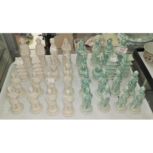 An early/mid 20th century Chinese chess set in green and whi...