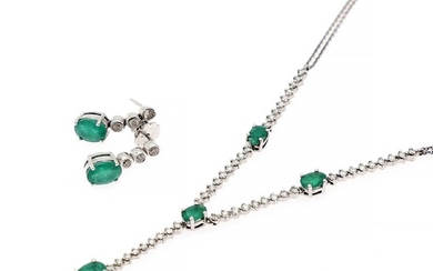 NOT SOLD. An emerald and diamond jewellery set comprising a necklace and a pair of...