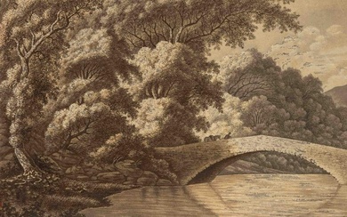 Anonymous draughtsman, c. 1800, densely wooded riverbank by moonlight with bridge and lone hiker