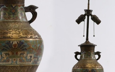 Antique Bronze Champleve Urn Lamp Asian Oriental