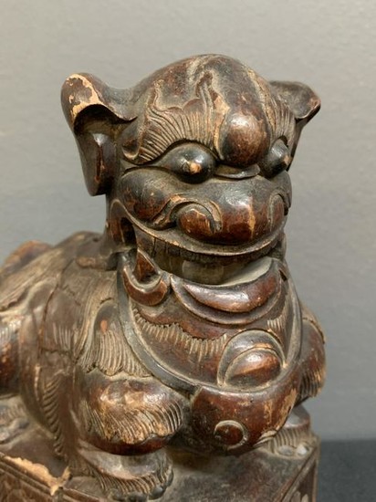 Antique Chinese Carved Wood Buddhist Lion