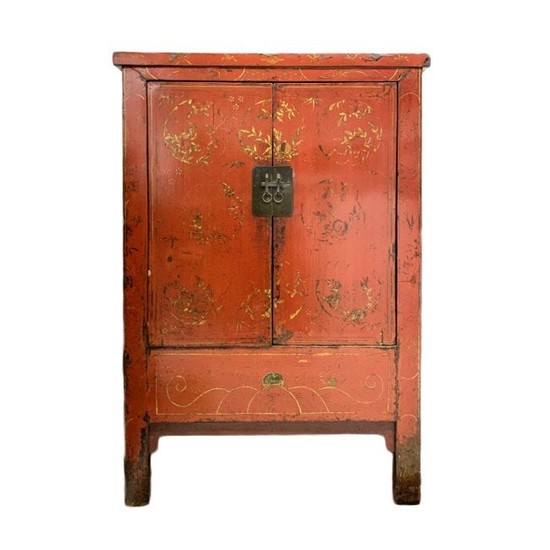 Antique Chinese Red Lacquer Gold Gilt Cabinet
