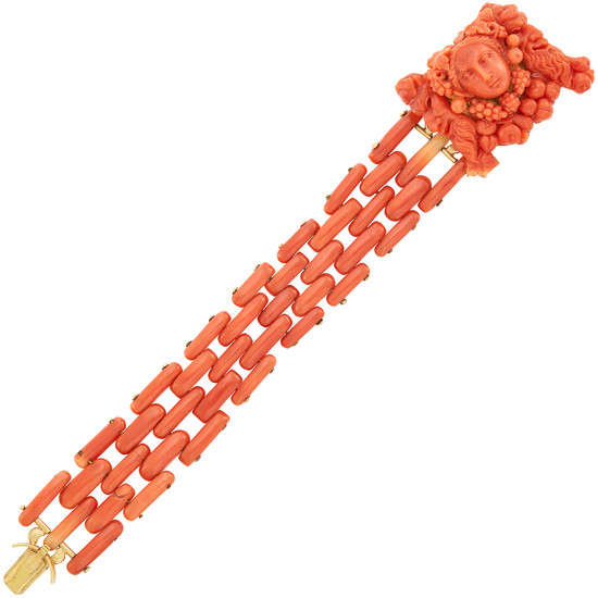 Antique Five Row Coral Link Bracelet with Gold and Carved Coral Clasp