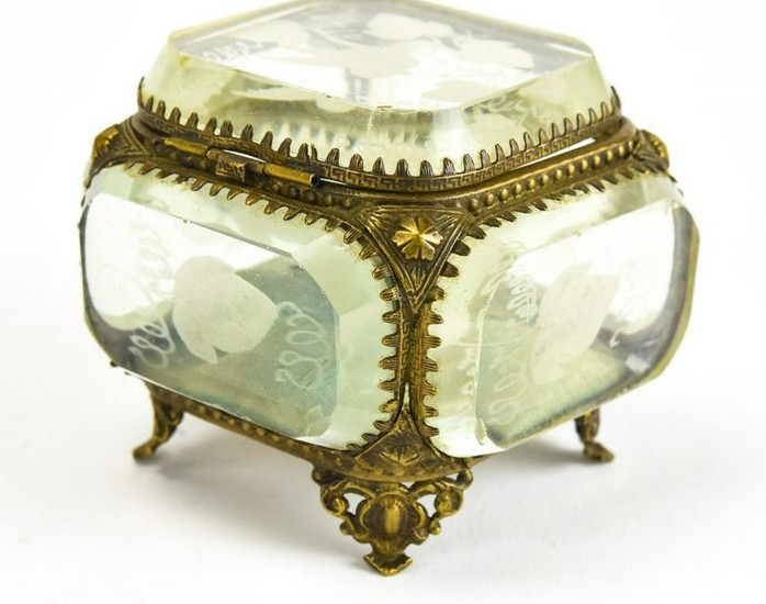 Antique Palais Royal Ormolu & Glass Jewelry Box