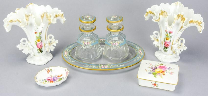 Antique Porcelain & Hand Painted Glass Vanity Set