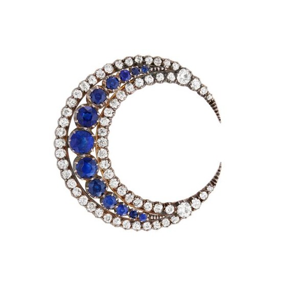 Antique Silver, Gold, Sapphire and Diamond Crescent Brooch
