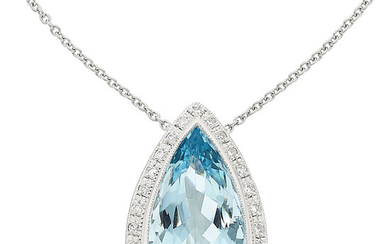 Aquamarine, Diamond, Platinum Pendant-Necklace Stones: Pear-shaped aquamarine weighing 19.96...