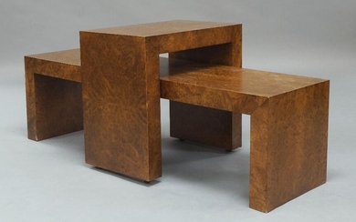Armani Casa, two burr wood veneered console tables, circa 2015, with rectangular tops on end supports, each with applied manufacturer's label to underside, larger, 44cm high, 150cm wide, 44c, deep, smaller, 62cm high, 65cm wide, 40cm deep (2)
