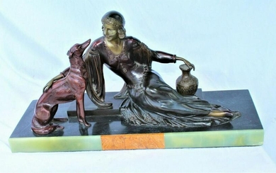 Art Deco Bronze Sculpture , Girl w/dog , marble base