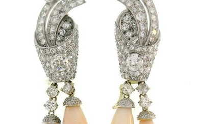 Art Deco Coral Diamond Platinum Dangle EARRINGS