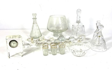 Assortment of glass ornaments and decorative glass, including Swarovski type crystal animals; a