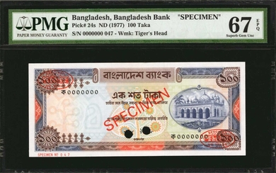 BANGLADESH. Bangladesh Bank. 100 Taka, ND (1977). P-24s. Specimen. PMG Superb Gem Uncirculated 67 EPQ.