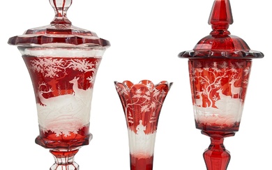 BOHEMIAN RUBY-STAINED GLASS GOBLET TRIO Two lided Bohemian red-stained...