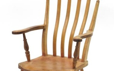 Beech and elm slat back open armchair, 110cm high