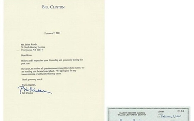 Bill and Hillary Clinton Signed Check and Typed Letter
