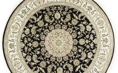 Black Floral Classic Handmade 6X6 Indo-Nain Oriental Round Rug Fine Wool Carpet