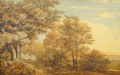British School, late 18th/early 19th century- Figure with cows in an English landscape; watercolour, 29 x 45 cm.