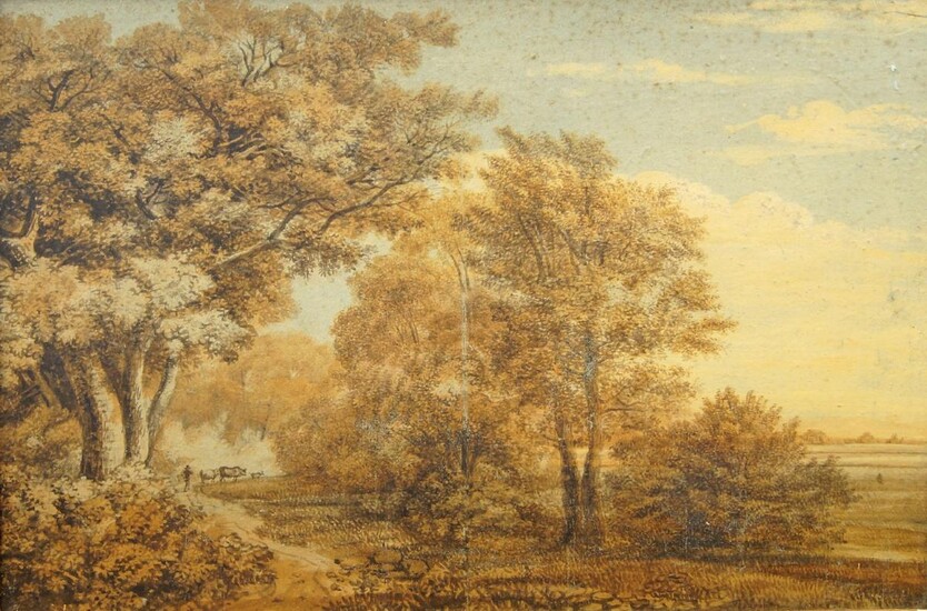 British School, late 18th/early 19th century- Figure with cows in an English landscape; watercolour, 29 x 45 cm.