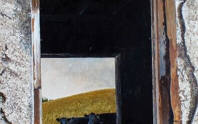 British School, study of two cows through a window, unsigned oil on board, housed in a