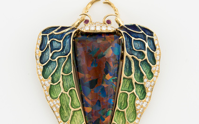 Brooch, butterfly, 18K gold with enamel, synthetic opal, rubies and brilliant-cut diamonds