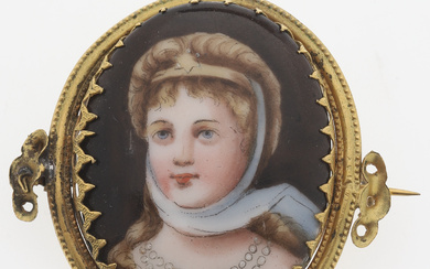 Brooch with miniature portrait, brass & porcelain, 19th century.
