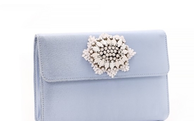 Bruce Oldfield Haute Couture clutch made of light blue silk with hand embroided white pearls and crystals.