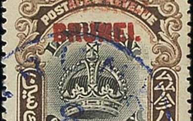 Brunei 1906 2c. on 3c. black and sepia of Labuan, overprinted in red and with variety 'brunei'...