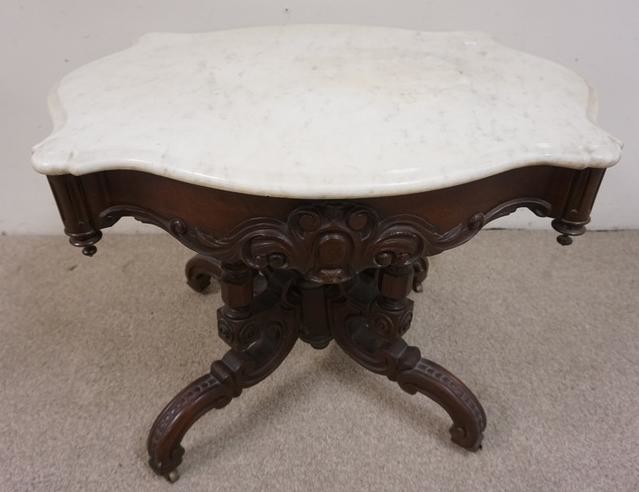 CARVED VICTORIAN MARBLE TOP TURTLE TOP TABLE