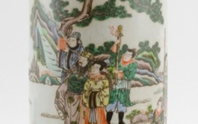 CHINESE FAMILLE VERTE PORCELAIN CYLINDRICAL VASE Figural landscape decoration. Six-character Kangxi mark on base. Height 13.5".