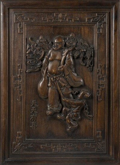 CHINESE RELIEF-CARVED HARDWOOD PANEL Late 19th/Early