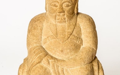CHINESE SANDSTONE FIGURE SHOWING AN ENTHRONED DIGNITARY