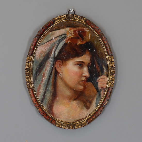 CONTINENTAL SCHOOL (19TH CENTURY). PORTRAIT OF ORIENTALIST MAIDEN, HEAD STUDY WITH A PEARL EARRING.