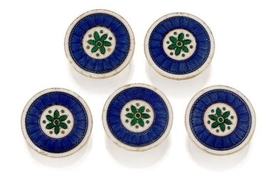 Cartier, a group of five gold and enamel dress buttons, by Cartier, each circular button with green guilloche enamel floral motifs within blue guilloche and white champleve enamel borders, signed Cartier Paris, numbered 1570, diameter of each...