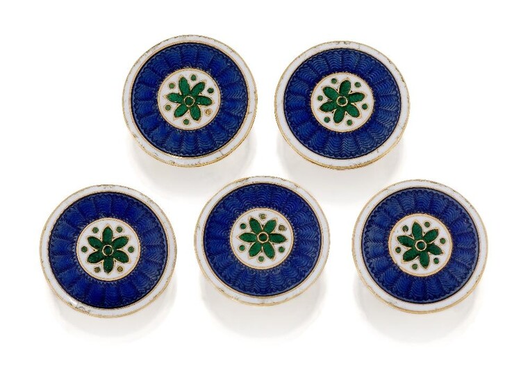 Cartier, a group of five gold and enamel dress buttons, by Cartier, each circular button with green guilloche enamel floral motifs within blue guilloche and white champleve enamel borders, signed Cartier Paris, numbered 1570, diameter of each...