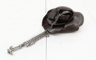 Chanel Black Calfskin Leather Silver-tone Camellia Flower Corsage Brooch