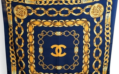 Chanel 'Rue Cambon' Navy Blue Silk Scarf