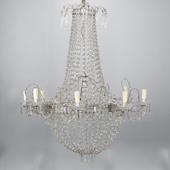 Charles IV ceiling lamp with carved crystal beads strings, first third of the 19th Century.