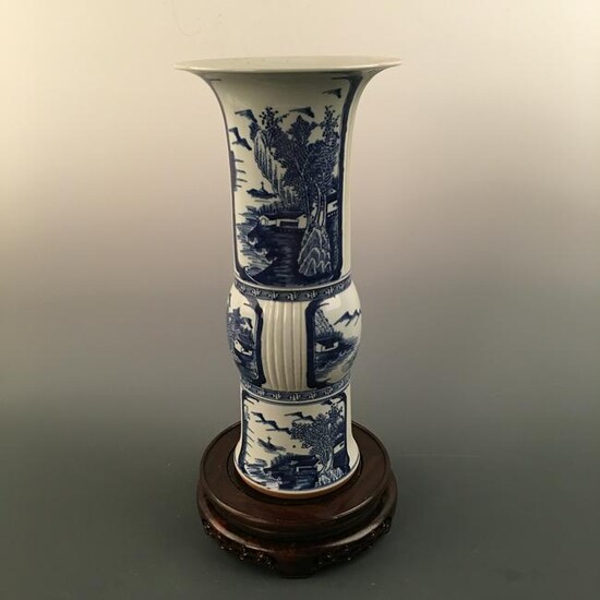 Chinese Blue-White Living Scene Gu-Shaped Vase, Kangxi