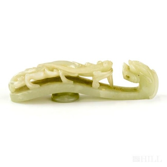 Chinese Carved White Jade Archaic Dragon Belt Hook