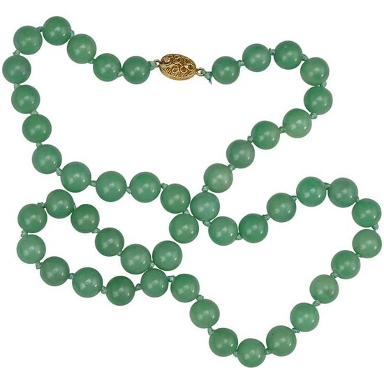 Chinese Celadon Jade Bead Necklace with Silver Clasp