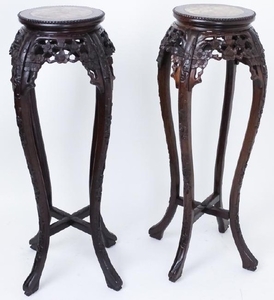 Chinese Export Pair of Marble Top Wood Plant Stand