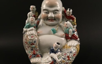 Chinese Famille Rose 'Happy Buddha and Kids' Figure