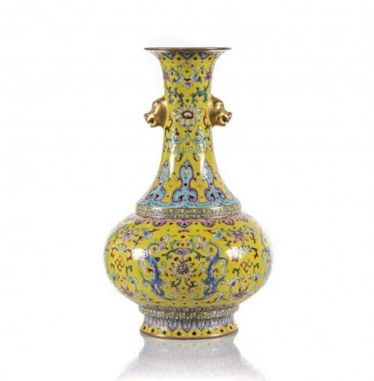 Chinese Famille Rose Yellow-Ground Porcelain Vase