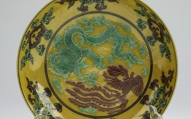 Chinese Imperial yellow double dragon drinking saucer