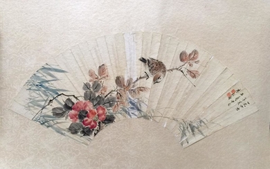 Chinese Ink Color Fan Painting w Calligraph,Signed