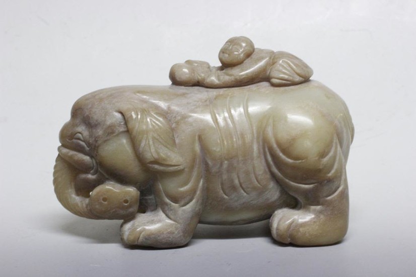 Chinese Jade Carved Elephant w Boy
